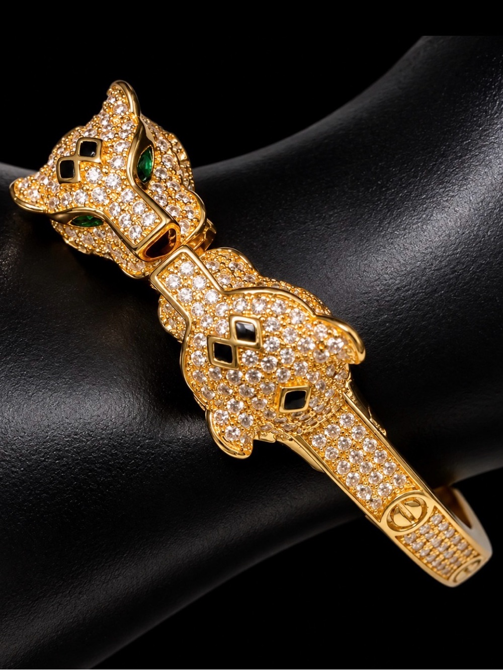 Gold Crystal Panther Hinged Bracelet with Green Accents
